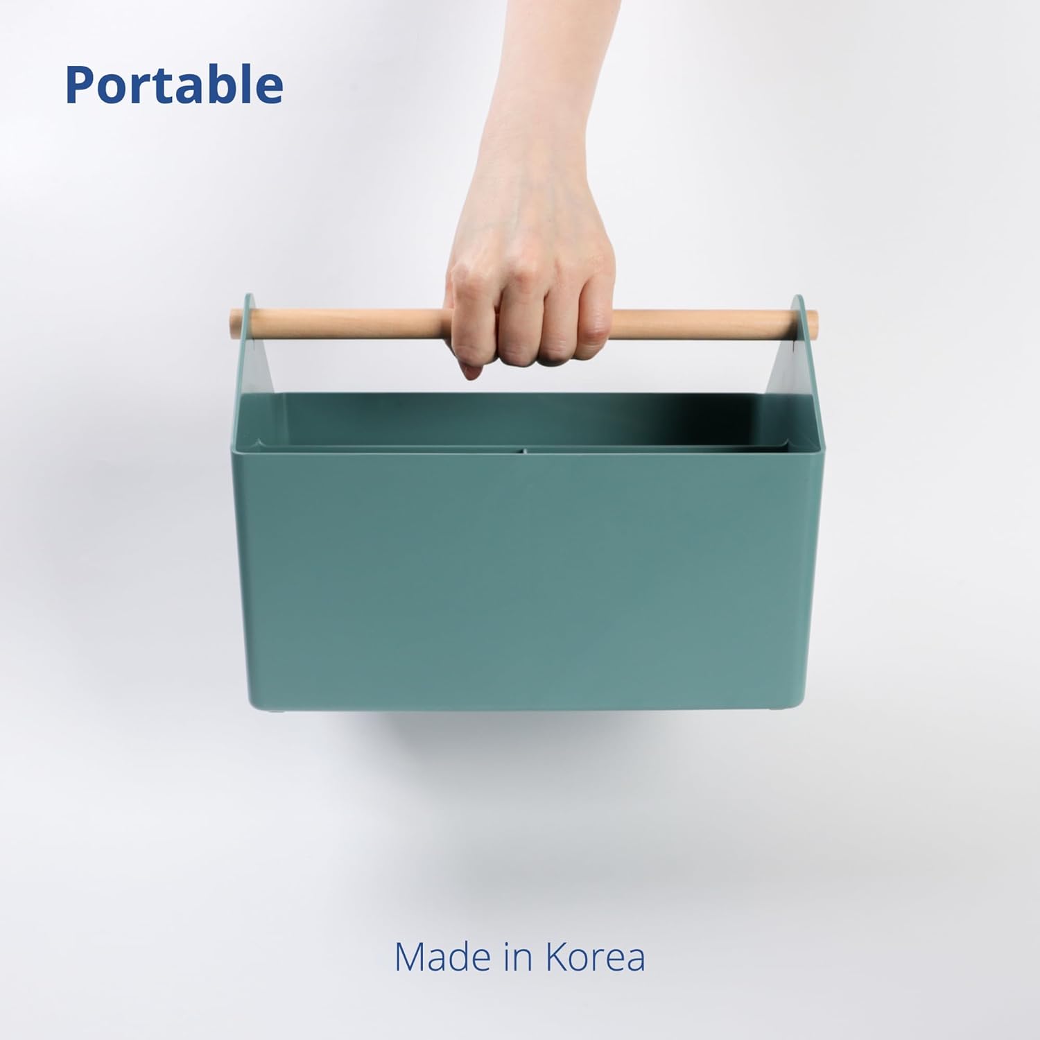 BLUE GINKGO Medium Storage Basket – Plastic Caddy with Wooden Handle for Office, Arts & Crafts, or