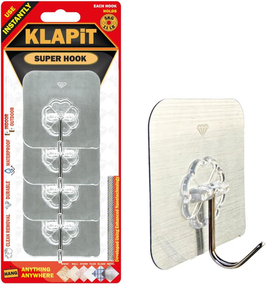 KLAPiT Super Hook - Heavy-Duty Adhesive Wall Hooks, Holds Up to 11 lbs, Waterproof, No Damage, Easy