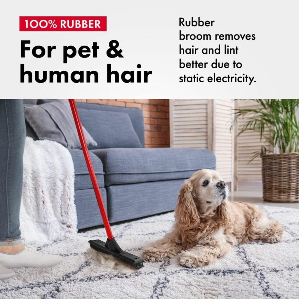 Pet Hair Remover Rubber Broom with Built in Squeegee - Carpet Rake for Pet Hair Removal on Hardwood