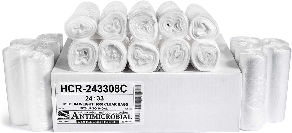 Aluf Plastics - 12-16 Gallon Clear Trash Bags - 24" x 33"- 8 Micron Equivalent High Density Value