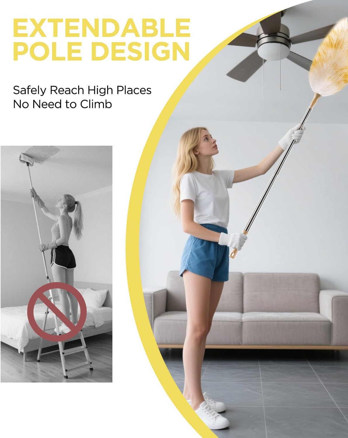 Extendable Lambswool Duster 30-100 Inch, Stainless Steel Long Handle Duster, Natural Feather Duster