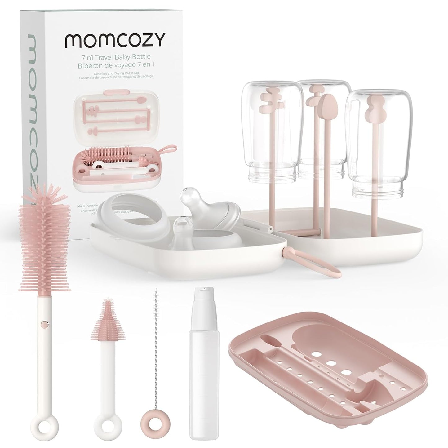 Momcozy Baby Bottle Brush Set, Cleaner Kit with Silicone Nipple Straw Brush, Soap Dispenser, Drying