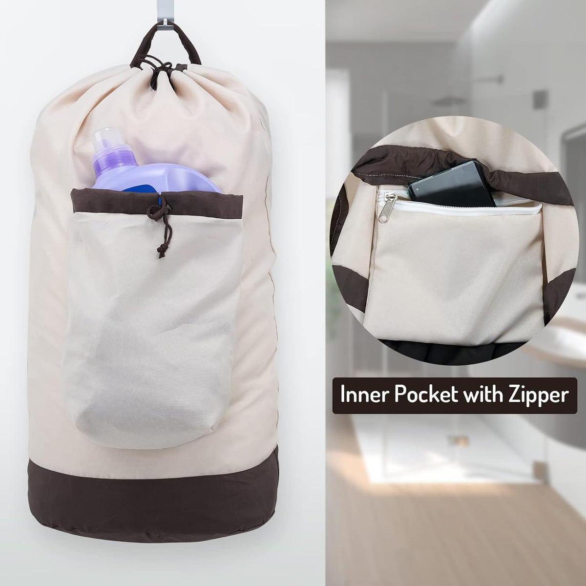 Laundry Bag Backpack with Shoulder Straps and Detergent Holder Clothes, Travel Laundry Backpack Bag
