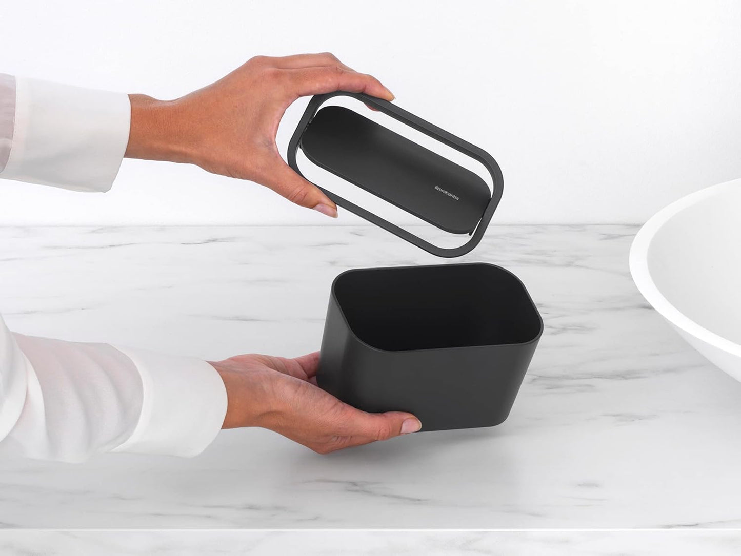 Brabantia MindSet Bathroom Small Trash Caddy (Dark Gray) Hygienic Basin Top Storage Can with Swing