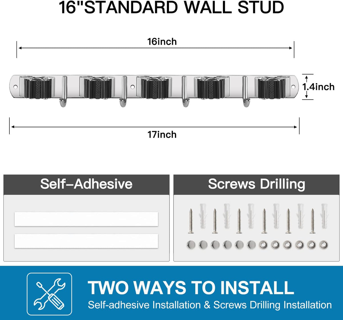 IMILLET 2 Pack Wall Mount Broom Holder Stainless Steel 5 Racks with 4 Hooks Broom Organizer Self