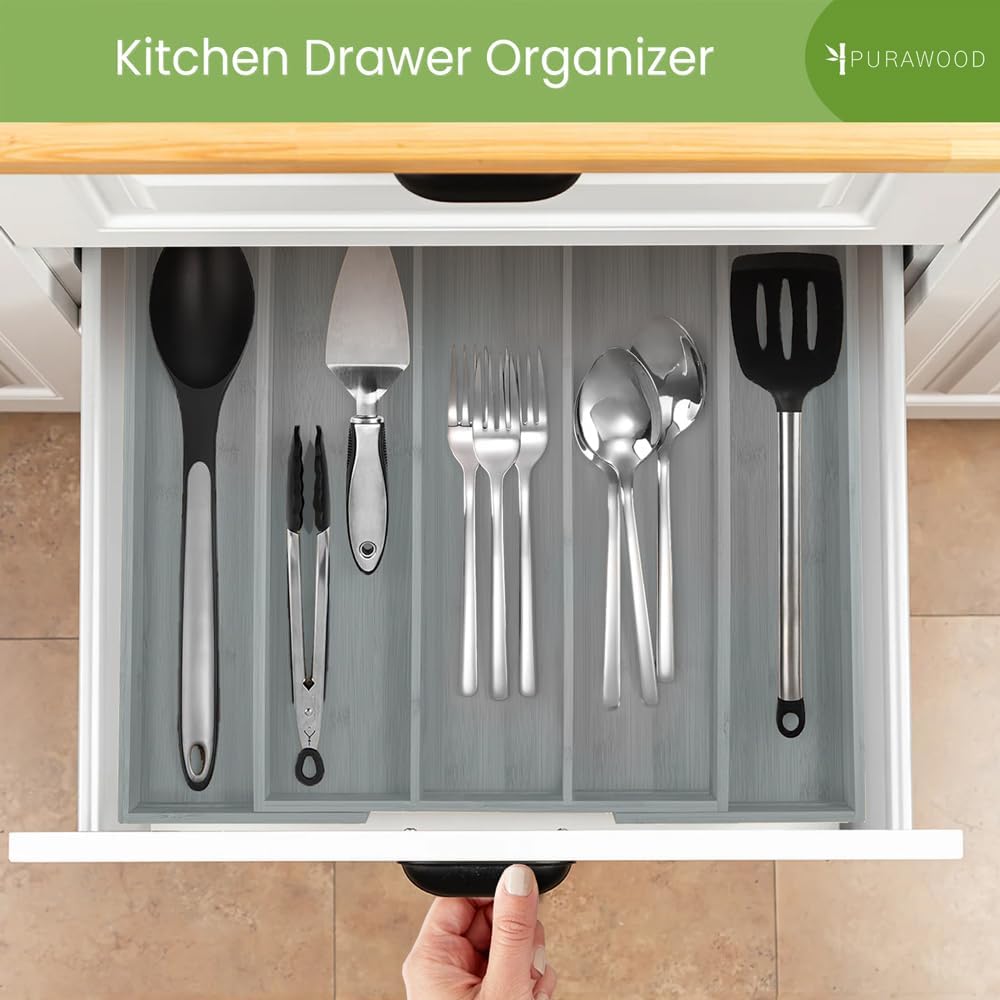 Purawood Kitchen Drawer Organizer - Expandable Utensil Drawer Organizer for Kitchen, Cutlery Tray &