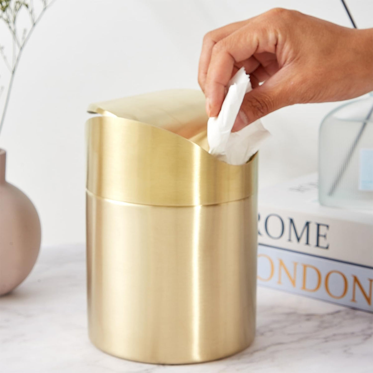 Stainless Steel Trash Can with Swing Lid, Mini Countertop Trash Bin Bathroom, Golden Desktop