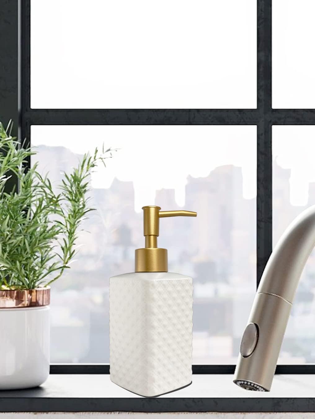 Chic Unique White Soap Dispenser for Bathroom with Golden Pump,Lotion Dispenser, Refillable