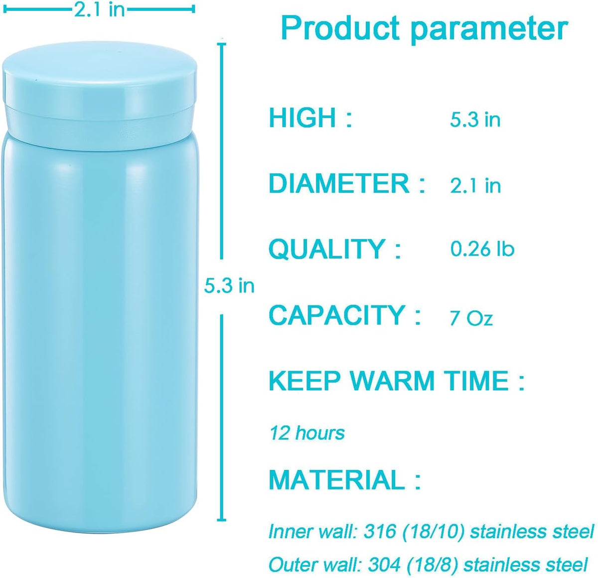 Mini Thermos Cute Water Bottle - 7 oz Tiny Insulated Vacuum 18/10 Stainless Steel Small Flask