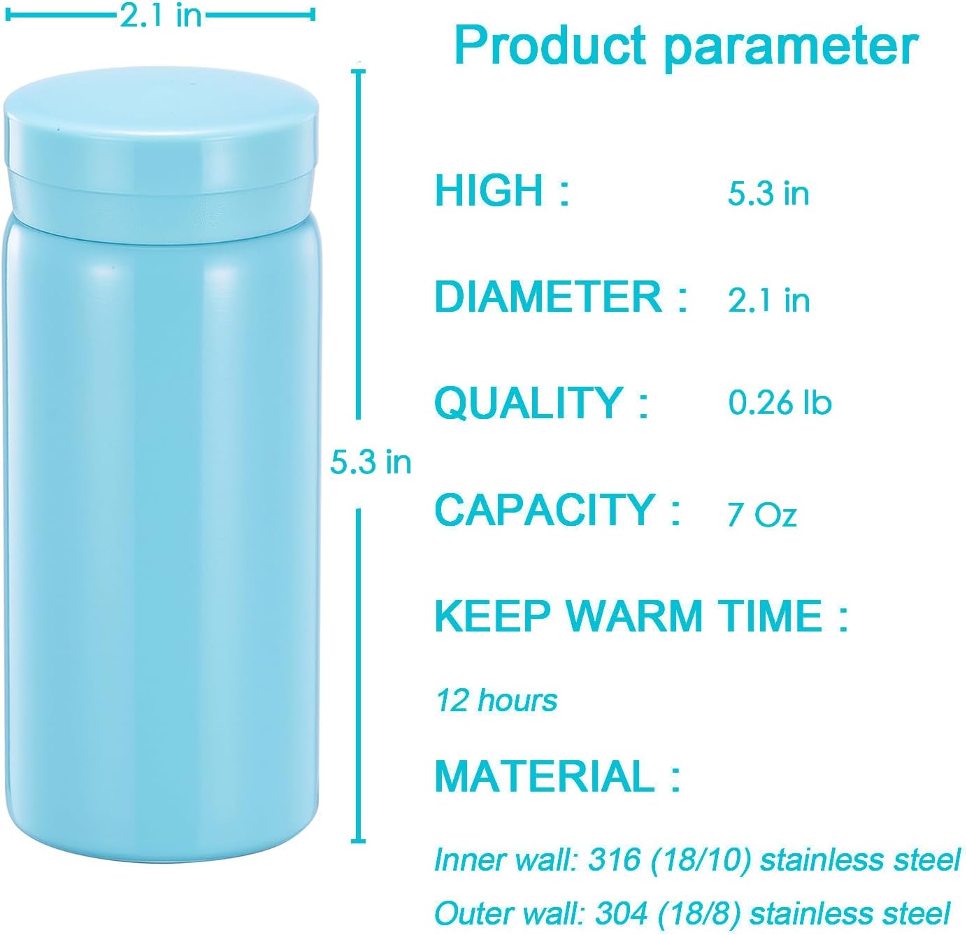Mini Thermos Cute Water Bottle - 7 oz Tiny Insulated Vacuum 18/10 Stainless Steel Small Flask