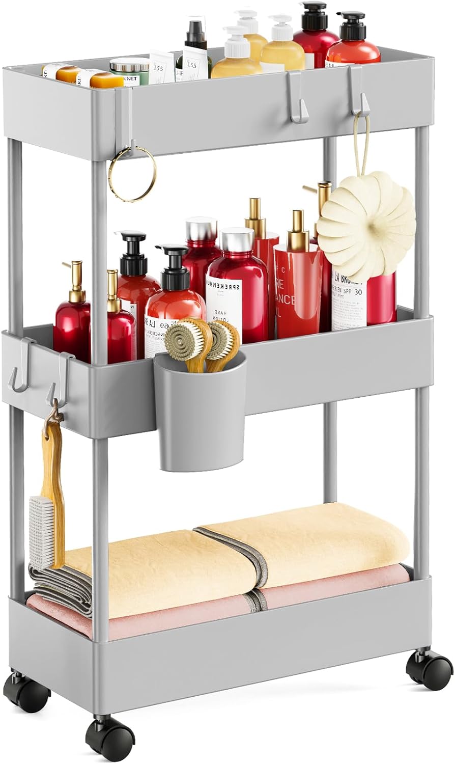 Pipishell Slim Storage Cart with Wheels - 3 Tier Bathroom Organizers and Storage Cart - Rolling