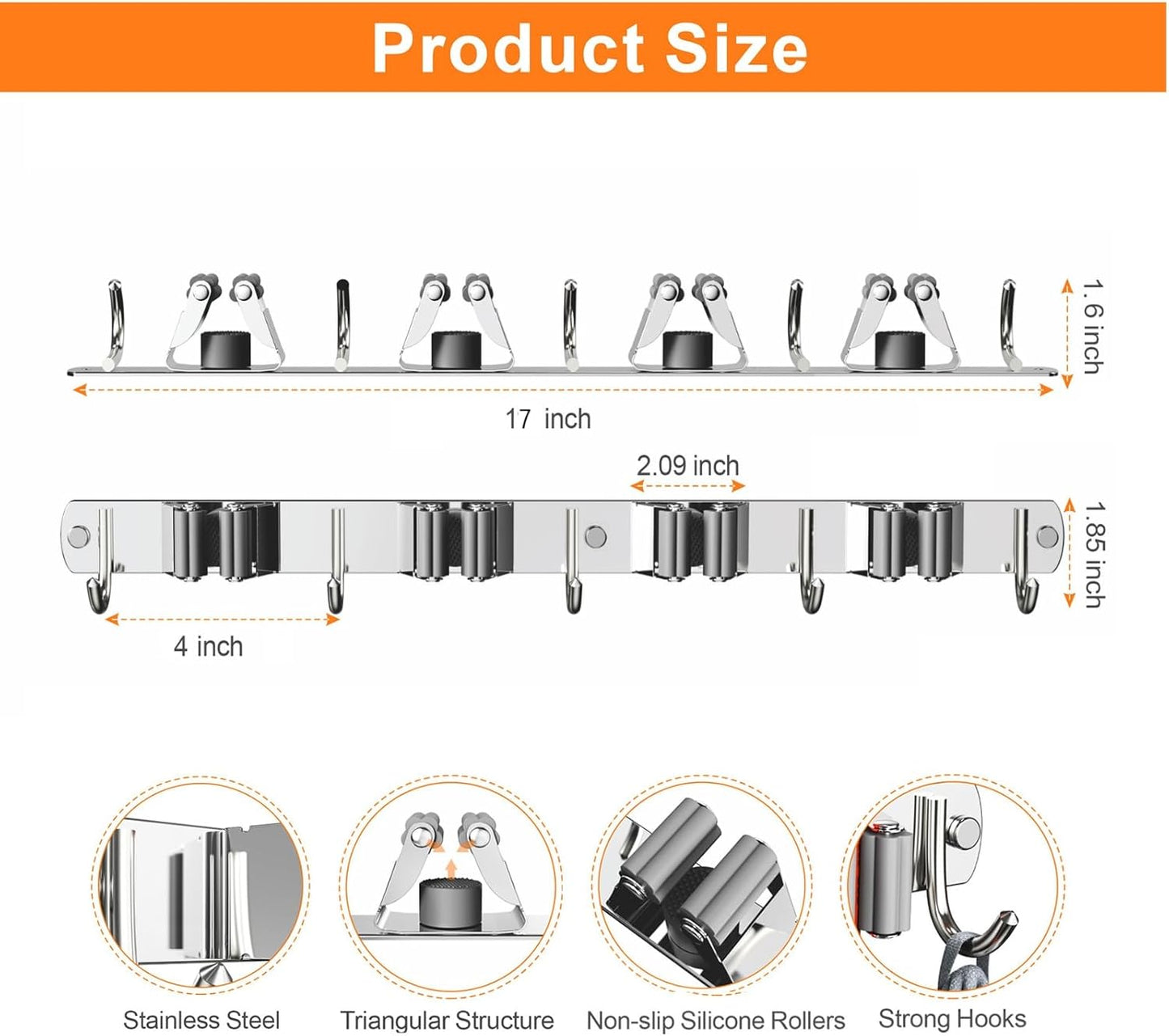 2 Pack Mop and Broom Holder Wall Mount, Non-slip Broom Hanger Wall Mount, Heavy Duty Mop Broom