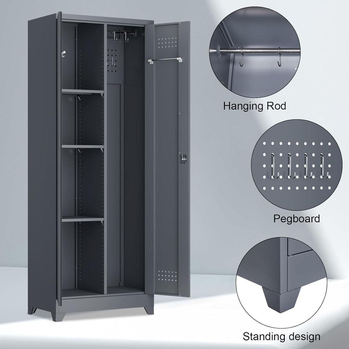 Broom Closet Storage Cabinet, Steel Locking Cabinet with Hanging Rod, 65" Cleaning Storage with
