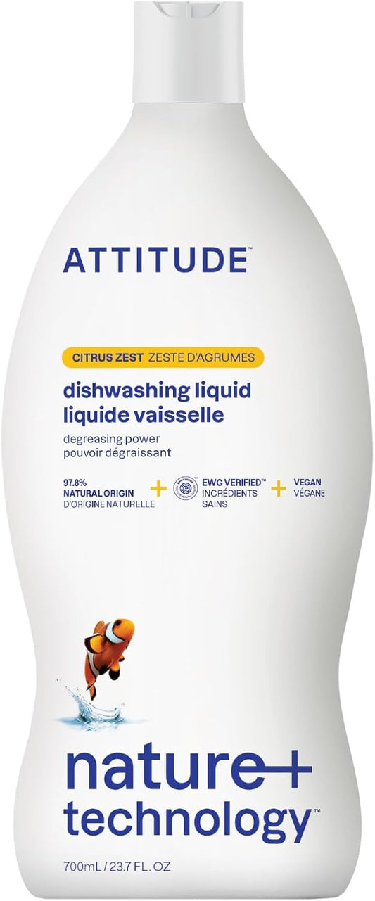 ATTITUDE Dish Soap, EWG Verified, Plant-Based & Vegan Dishwashing Liquid, Naturally Derived, Citrus