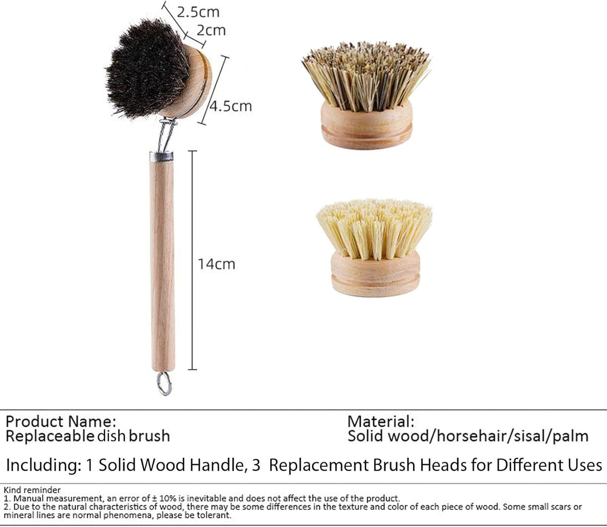 Bamboo Dish Brush with Handle, 1 Sturdy Wooden Handle with 3 Natural Bristle Heads, Horsehair
