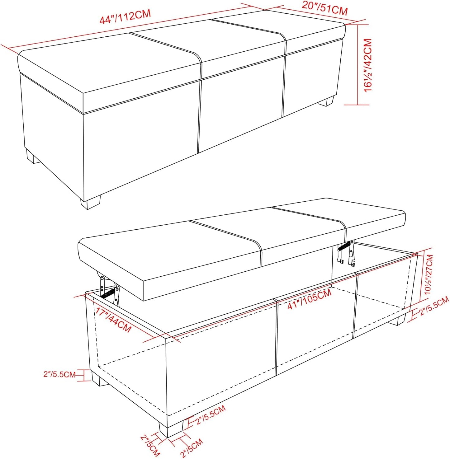 SIMPLIHOME Avalon 44 inch Wide Contemporary Rectangle Lift Top Rectangular Storage Ottoman in