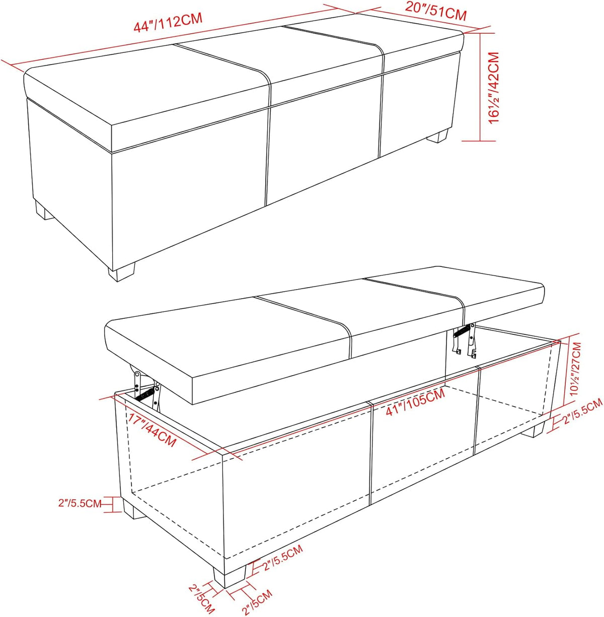 SIMPLIHOME Avalon 44 inch Wide Contemporary Rectangle Lift Top Rectangular Storage Ottoman in