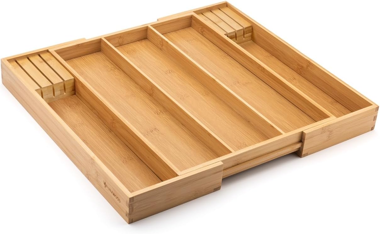 Purawood Kitchen Drawer Organizer with Knife Blocks - Utensil Drawer Organizer for Kitchen, Cutlery