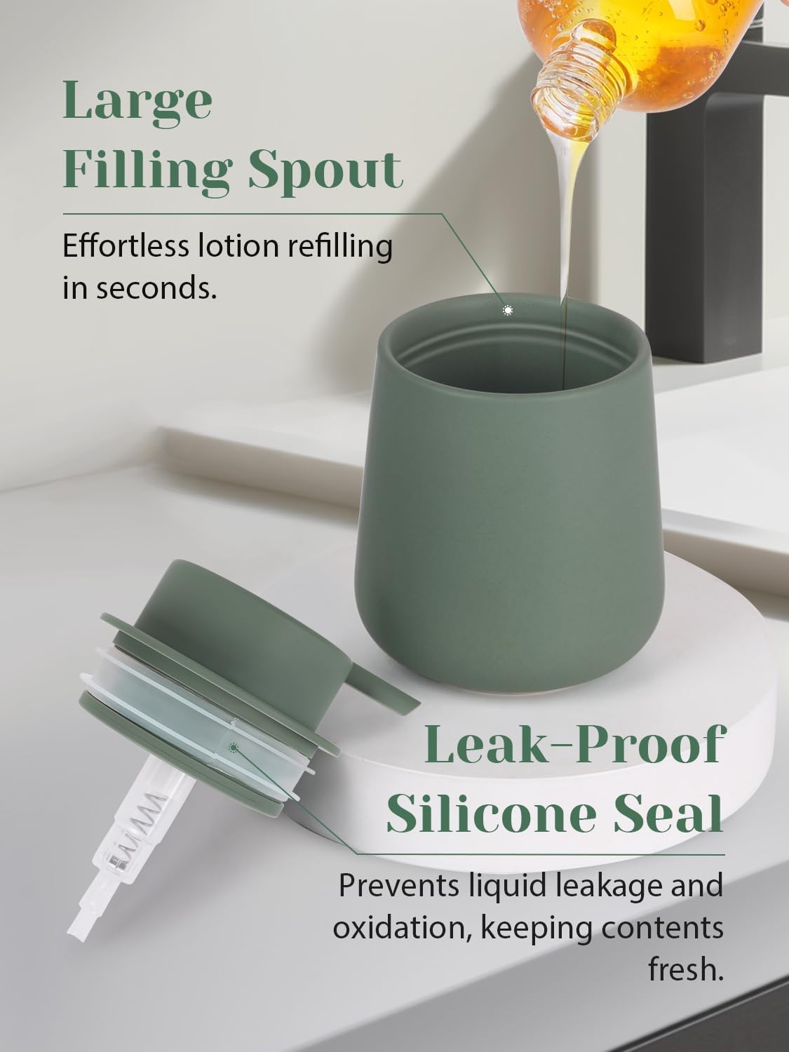INGOFIN Ceramic Lotion Dispenser - 12oz Refillable Hand Soap Dispenser Bathroom, Modern Liquid