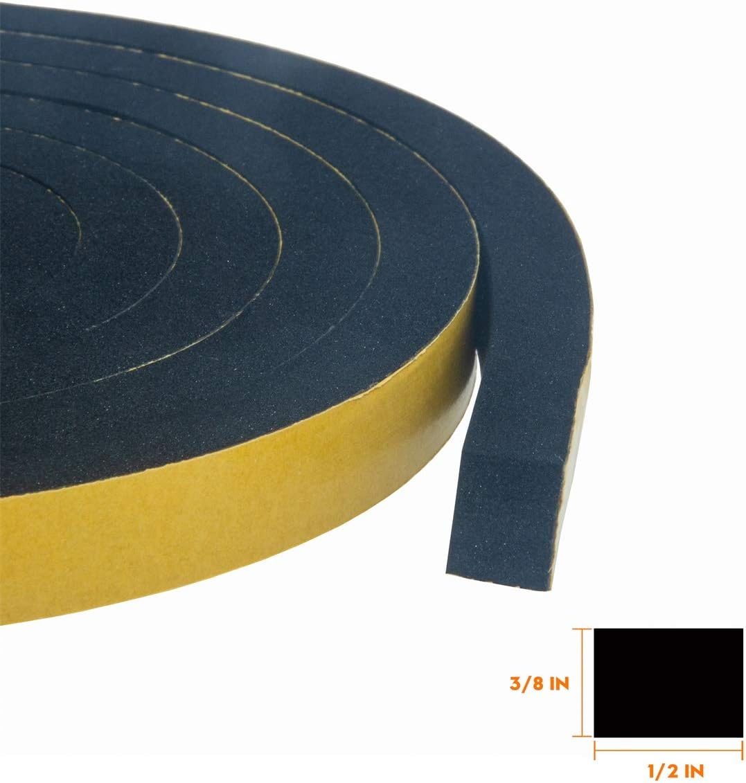 High Density Foam Tape 2-Pack, 1/2 Inch Wide X 3/8 Inch Thick, Self-Adhesive Neoprene Weather