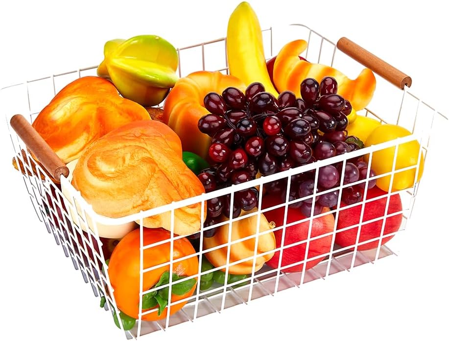 LeleCAT Large white wire baskets with Wooden Handles for storage pantry, Storage Organizer Baskets