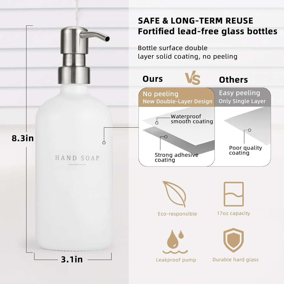 Glass Soap Dispenser - Dish Soap Dispenser for Kitchen and Hand Soap Dispenser Set, Bathroom Soap