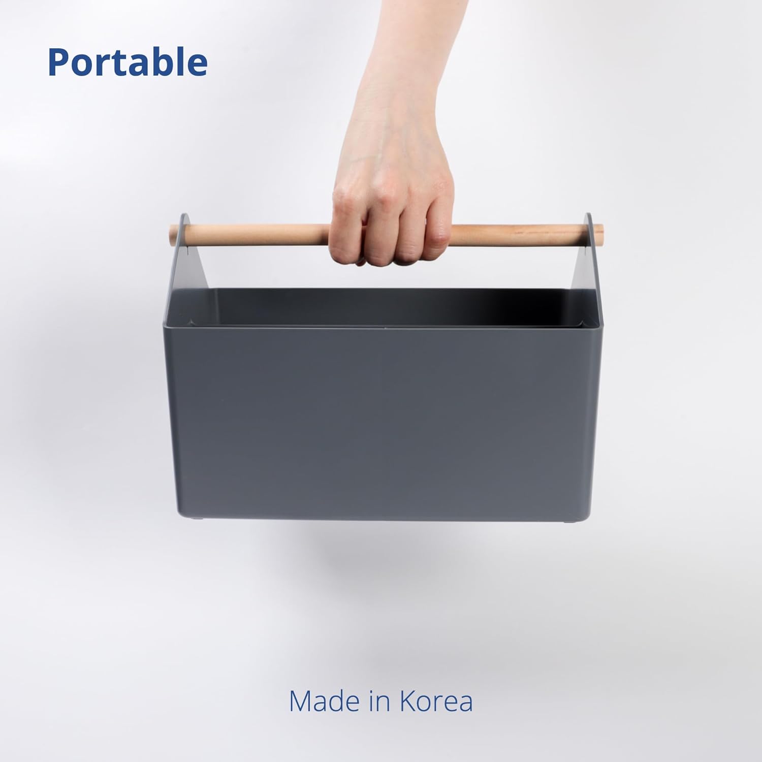 BLUE GINKGO Medium Storage Basket – Plastic Caddy with Wooden Handle for Office, Arts & Crafts, or