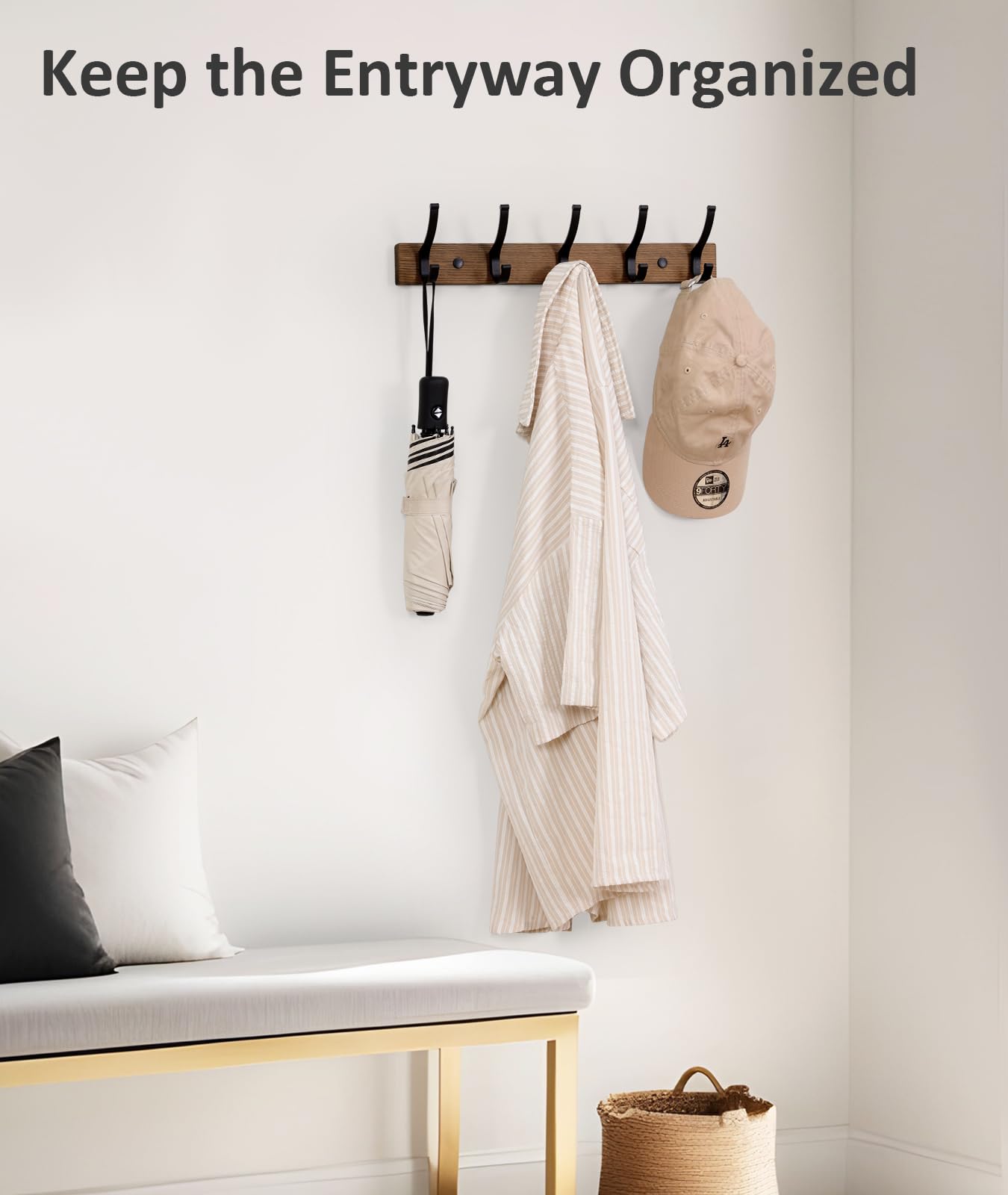Optish Coat Rack Wall Mount, 16.5 Inches Wood Coat Hooks, Wall Hooks for Hanging, Hat Rack Bag