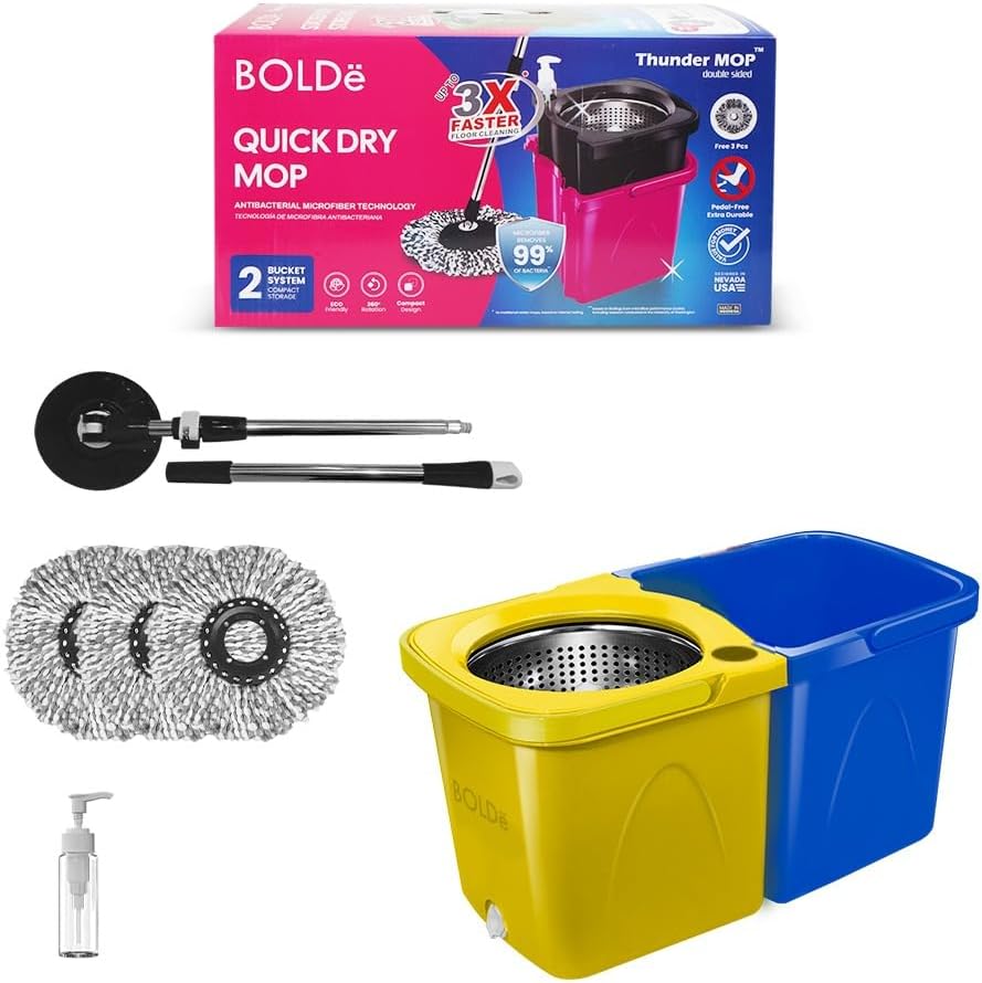 Thunder Mop Spin System - 2 Compact Stackable 6L Buckets, Microfiber Head, Stainless Steel Wringer