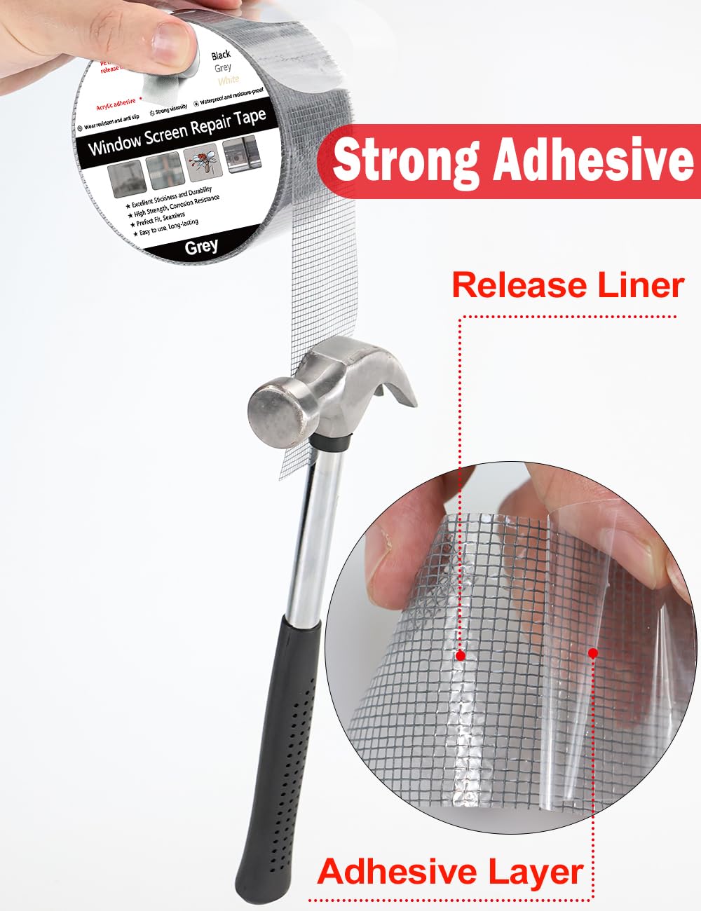 wohohoho Window Screen Repair Tape, 2 in X 40 FT (480IN) Gray Screen Patch Repair Kit, 3-Layer