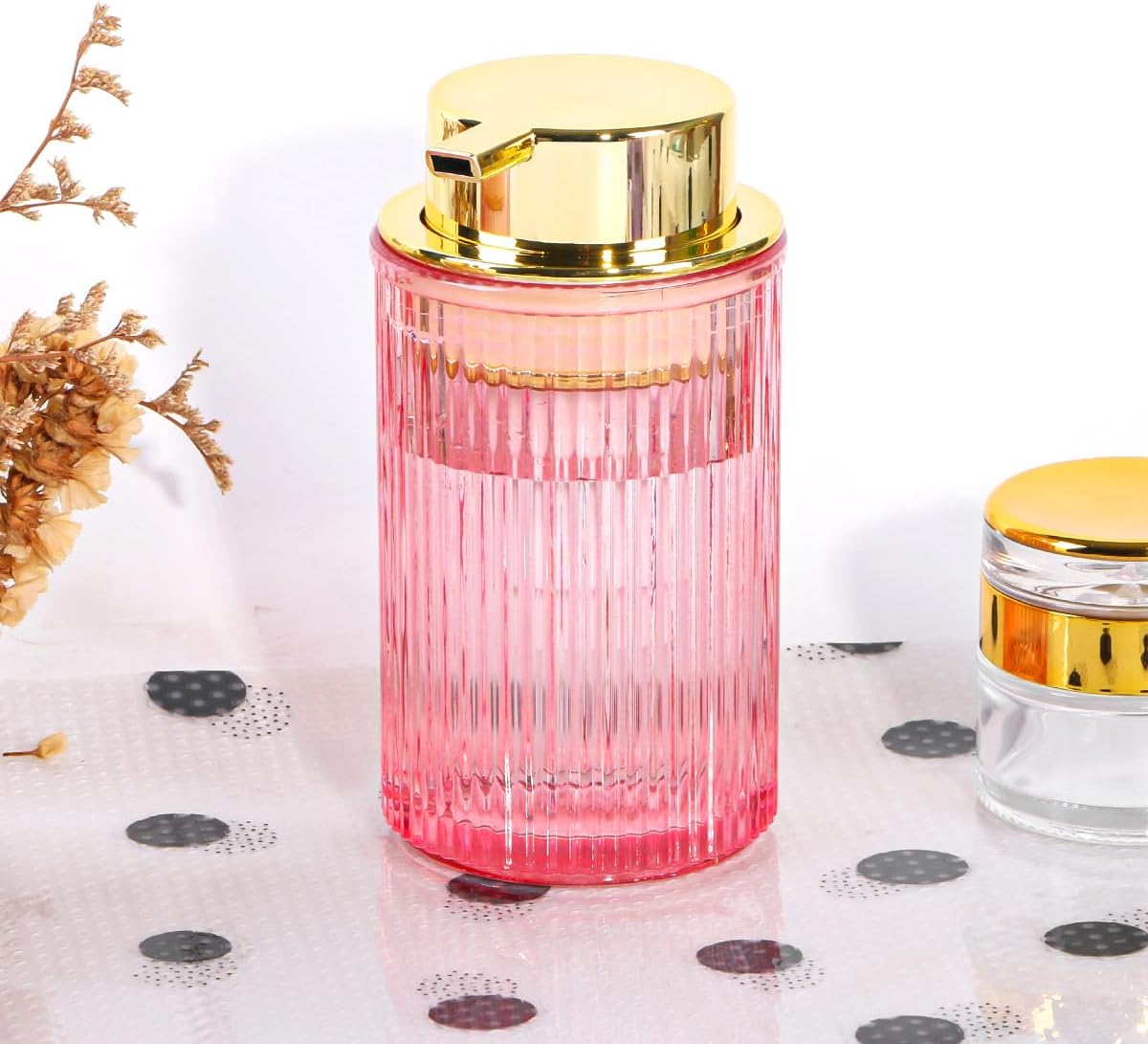 Pink Foaming Soap Dispenser, 12 Oz Glass Foaming Hand Soap Dispenser with Gold Pump, Bathroom