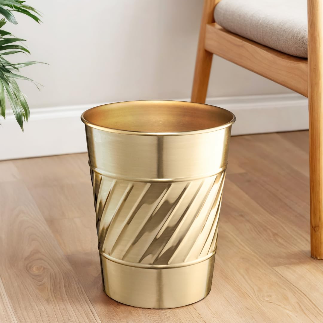 Monarch Abode Brushed Gold Handcrafted Wave Embossed Metal Wastebasket for Home Office, Decorative