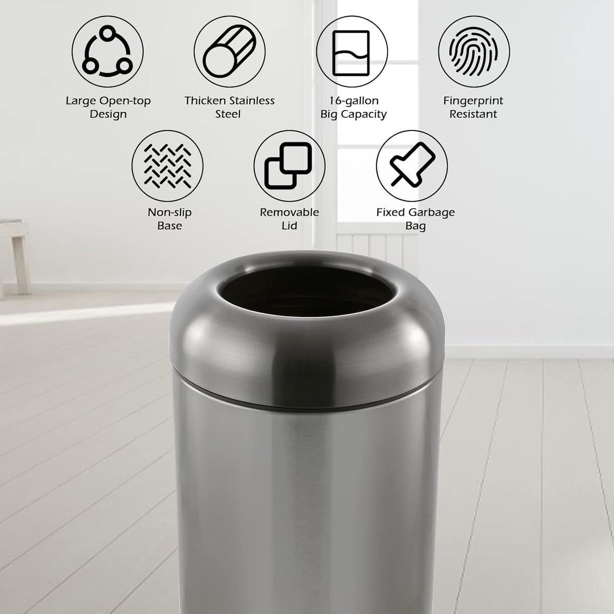 Dyna-Living Stainless Steel Trash Can Outdoor Large Garbage Can with Lid Open Top Trash Bin