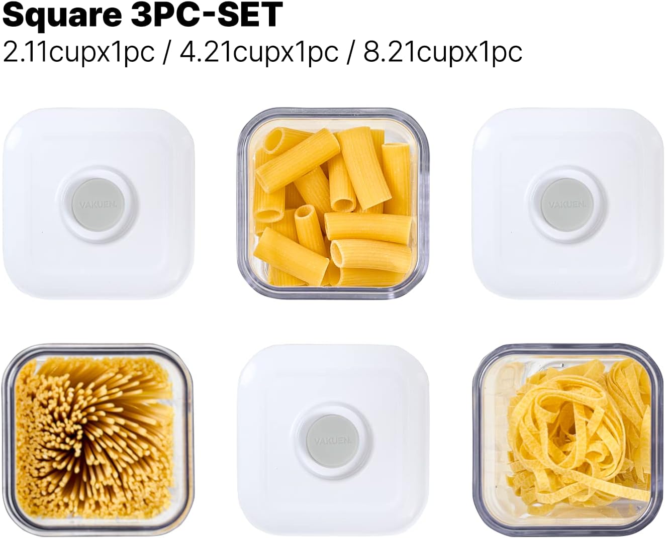VAKUEN Premium Airtight Food Storage Containers, Square-S 3PC-SET, Smart One-Click Seal Lid, No