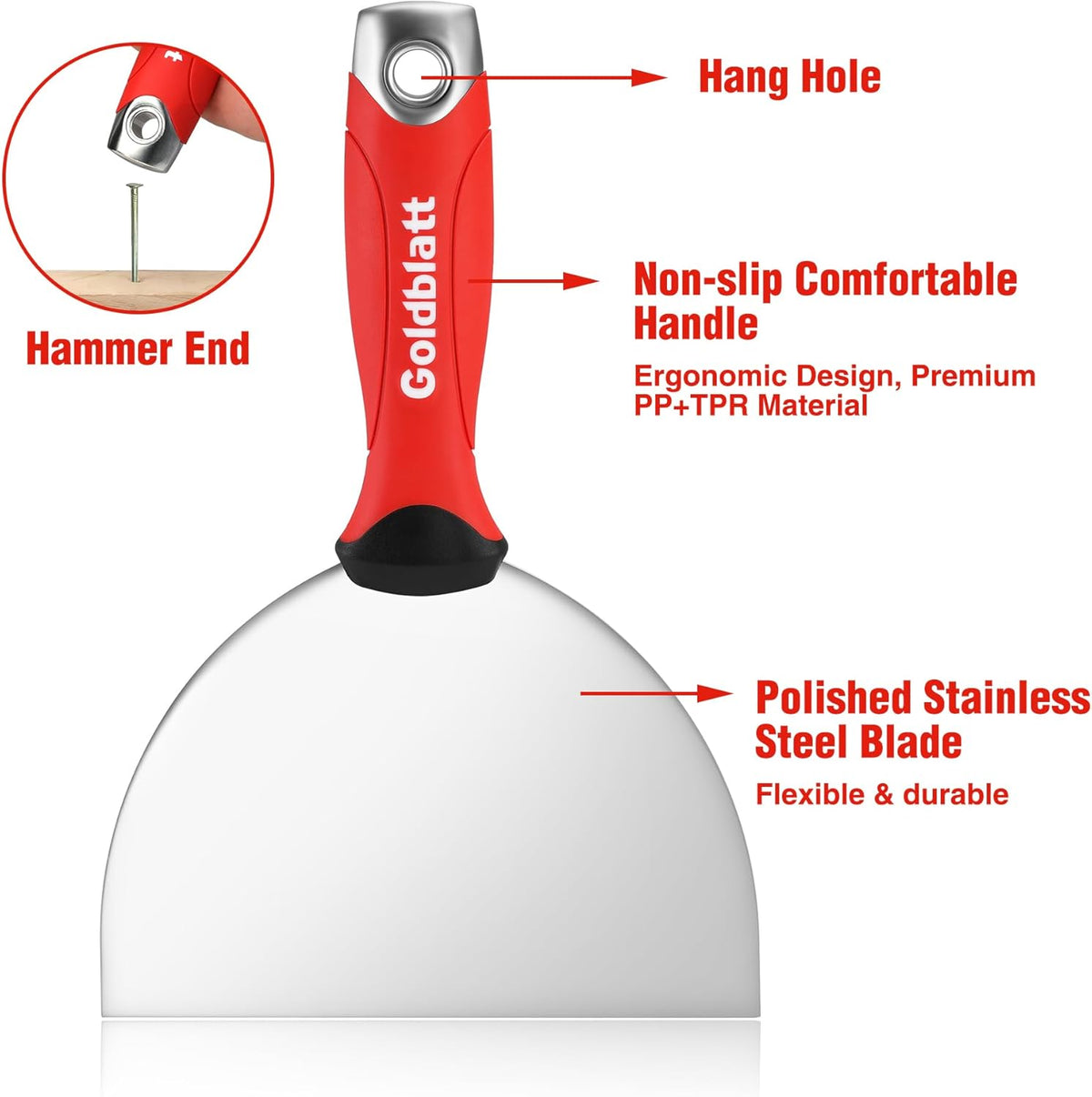 Goldblatt 6" Putty Knife, Stainless Steel Scraping Paint, Putty Knife Scraper with Hammer End, Soft
