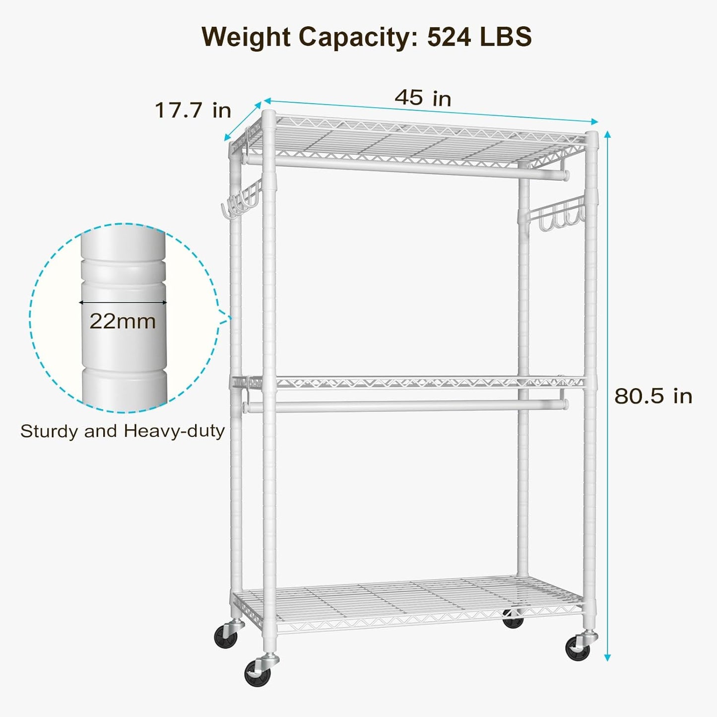 FUTASSI P1 Plus Rolling Clothes Rack, 22mm Diameter Heavy Duty Garment Rack with Wheels, Portable