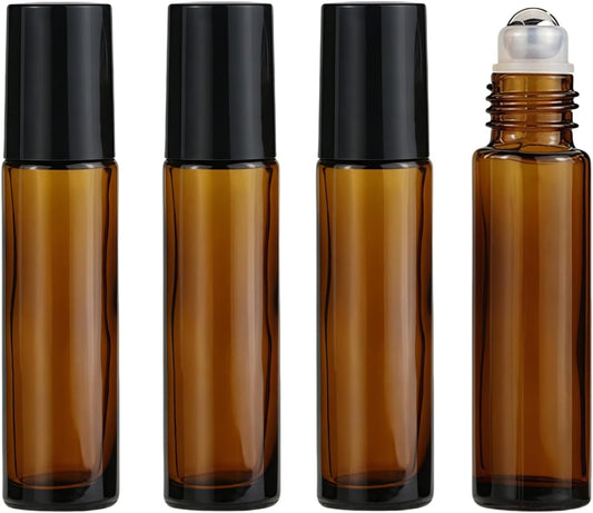 4 Pack 10ml Oil Essential Stainless Roller Bottles, Refillable Amber Glass Roller Bottles for