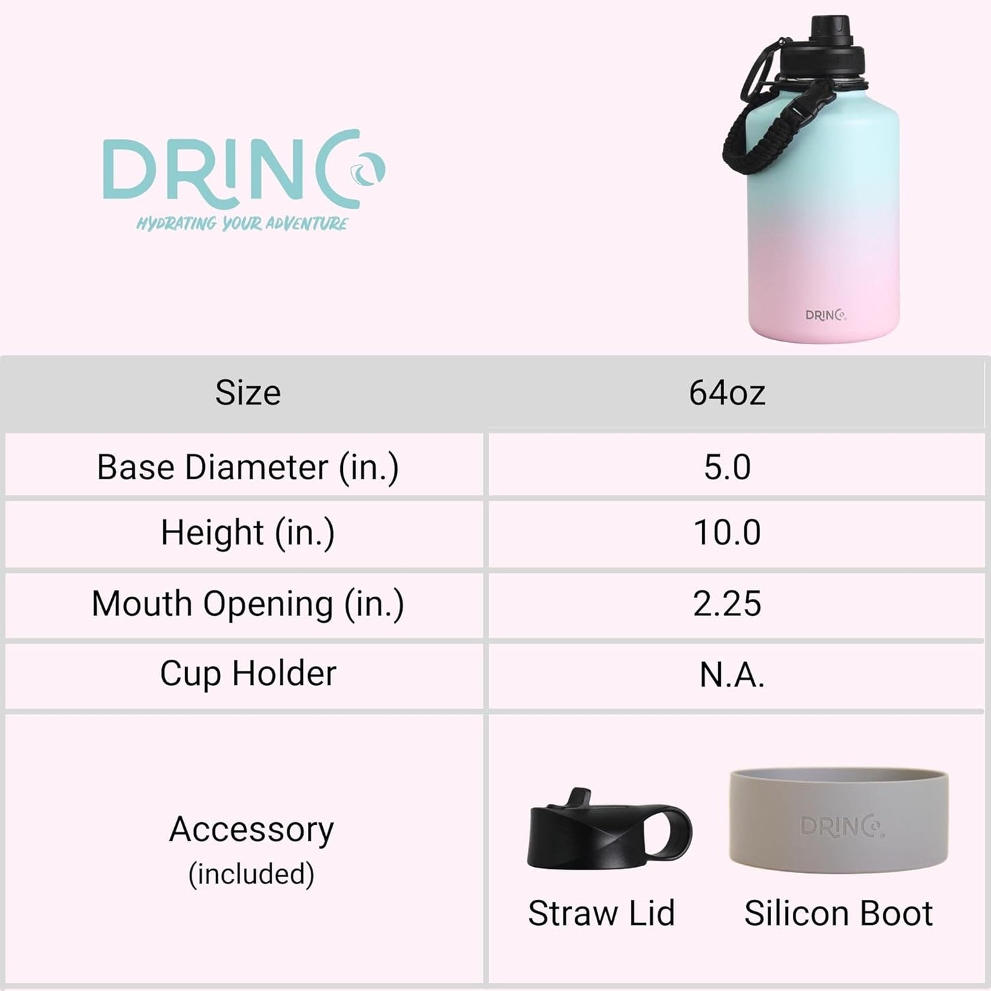 DRINCO Stainless Steel Water Bottle Spout Lid Vacuum Insulated Double Wall Water Bottle Wide Mouth