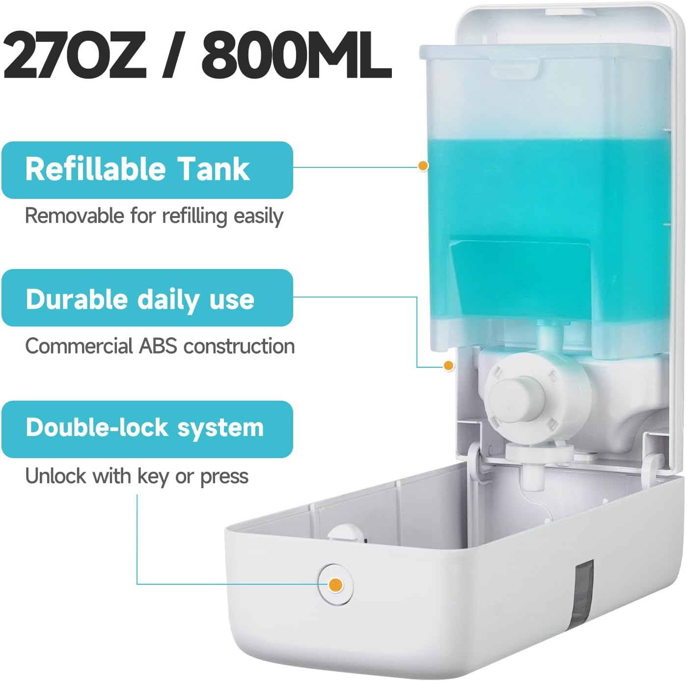 AIKE Wall Mount Liquid Soap Dispenser, 27oz Large Capacity with Extended Pump for Commercial