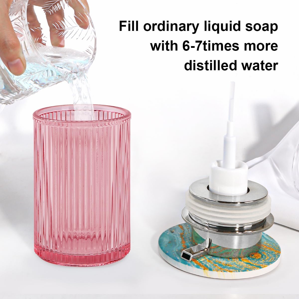 Pink Foaming Soap Dispenser, 12 Oz Glass Foaming Hand Soap Dispenser with Silver Pump, Bathroom