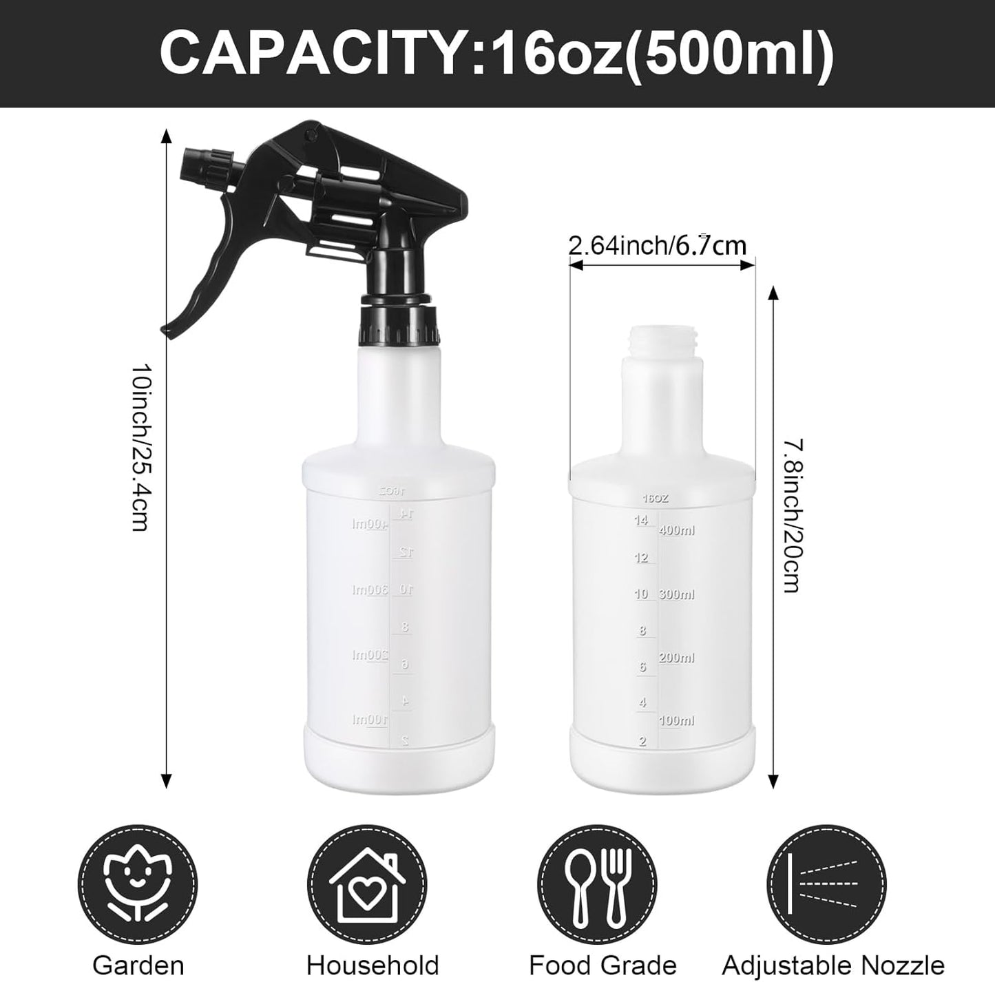 Eccliy 12 Pcs 16 Oz Plastic Spray Bottle, Adjustable Empty Reusable Sprayer for Cleaning, Planting