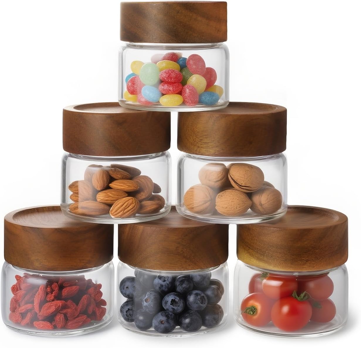 6-Pack 4 oz Stackable Airtight Glass Canisters with Acacia Lids - Small Mason Jars for Overnight