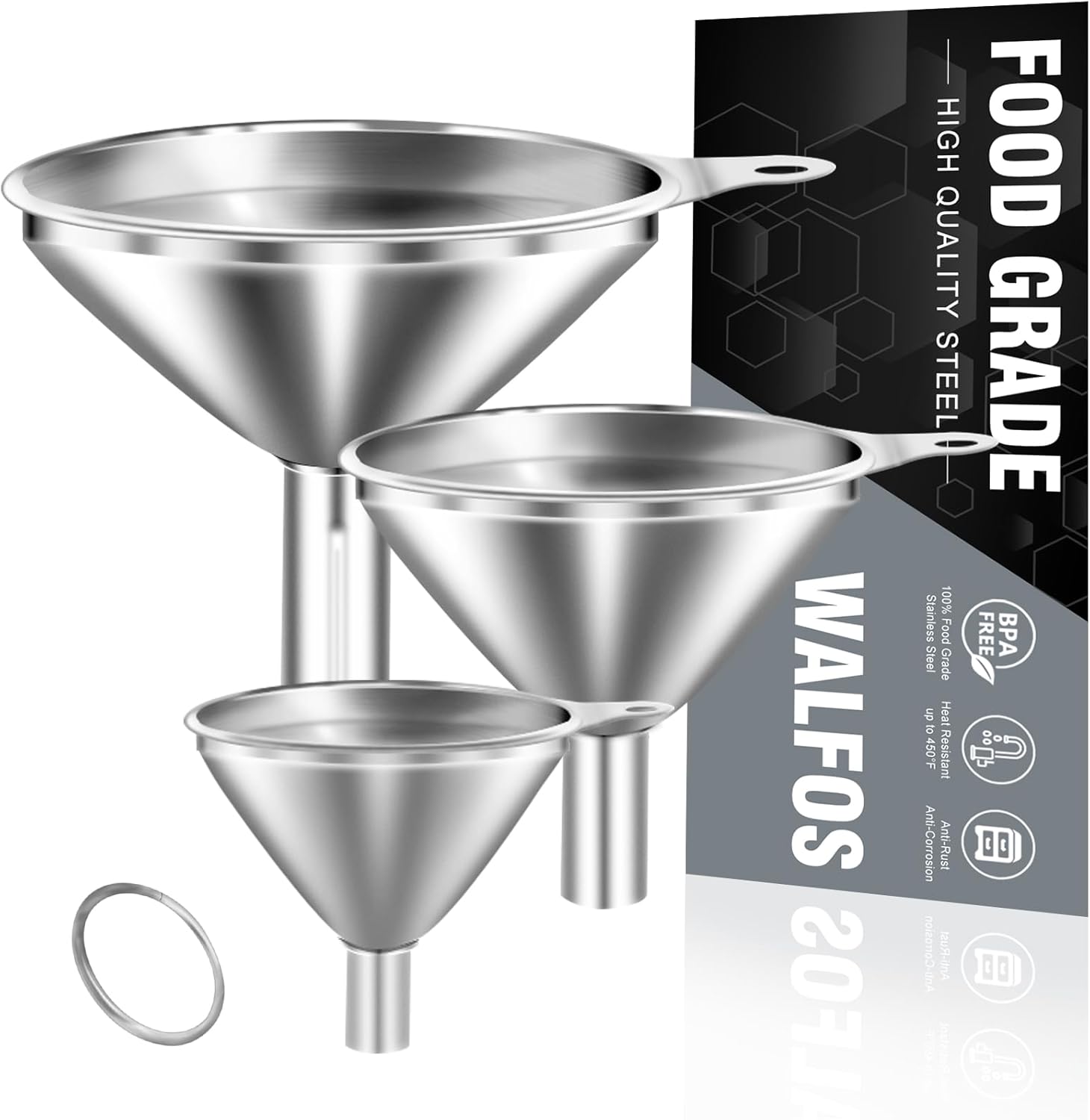 WALFOS Mini Stainless Steel Funnels, Multi-use Small Kitchen Funnel Set, for Transferring Liquid