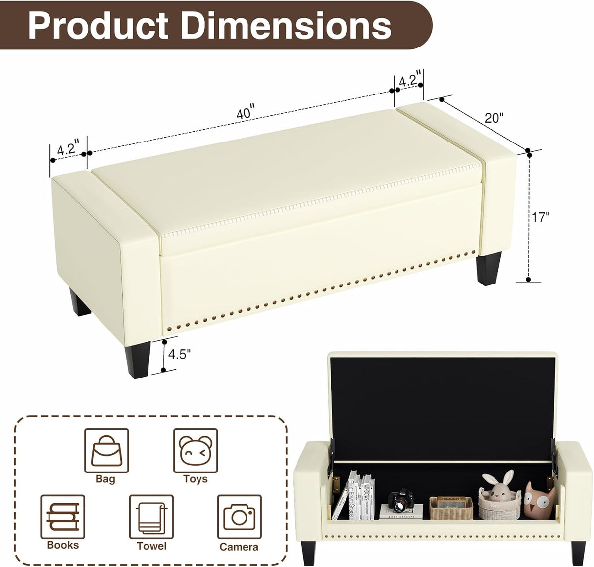 48.8" Storage Ottoman Bench Cream White | Faux Leather Bedroom Bench with Lift Top for Living Room