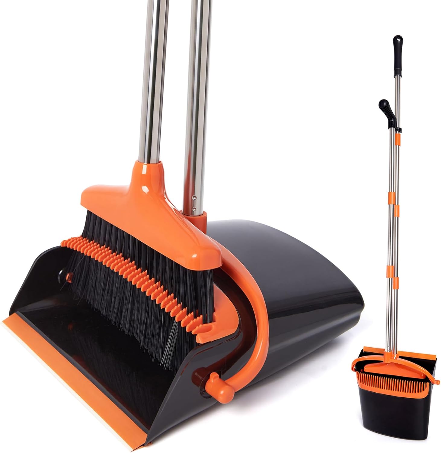 Broom and Dustpan Set with Long Handle, Light Weight Stainless Steel Poles Stand Upright Dustpans