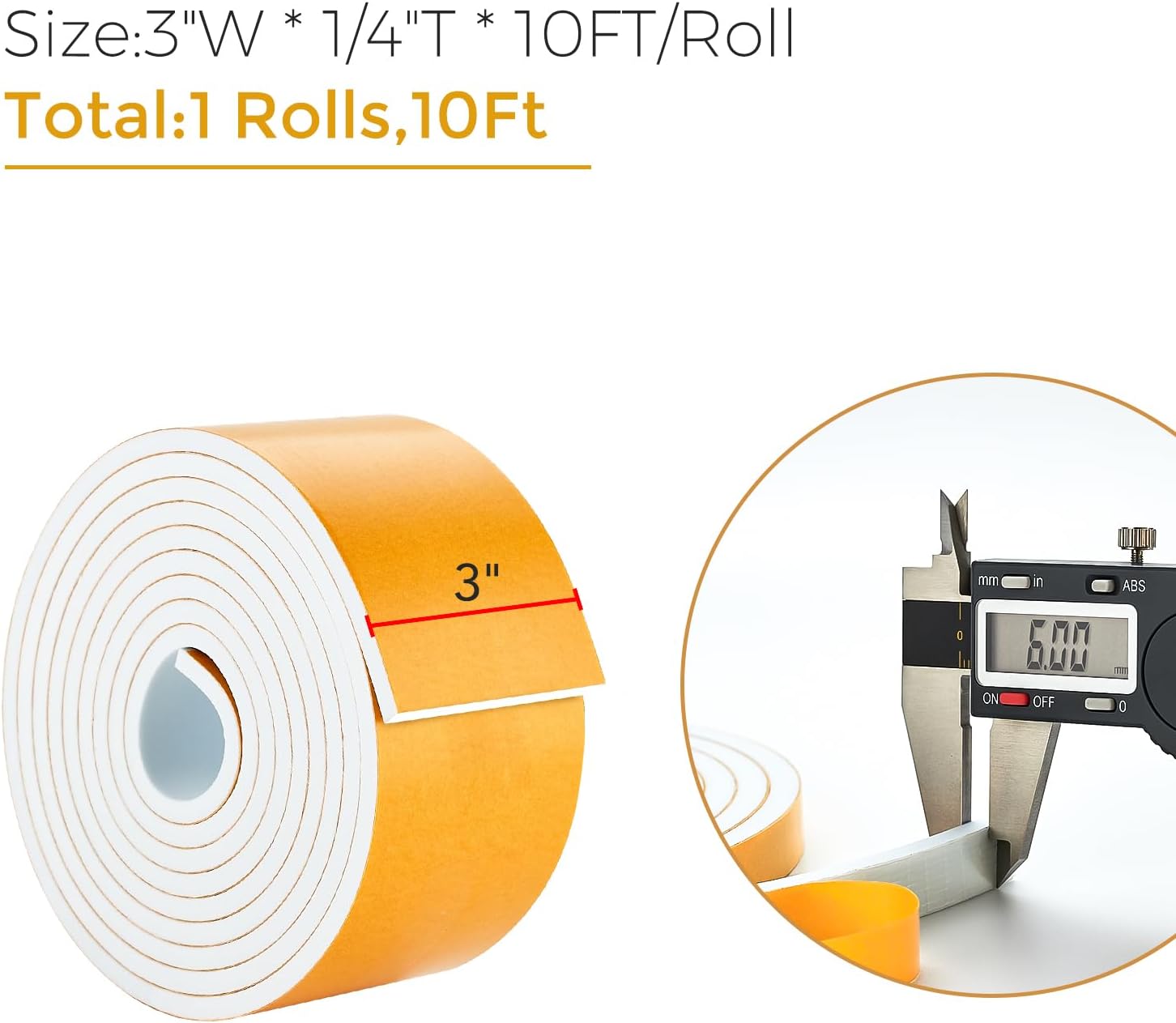 10 Feet Weather Stripping Door Seal, 3" Wide X 1/4" Thick Door Seal Strip High Density Foam Tape