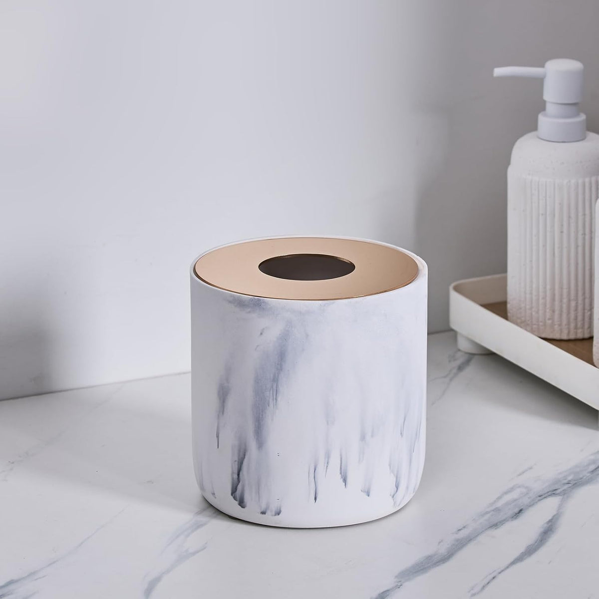 White Marble Textural Mini Trash Can with Rose Gold Stainless Steel Lid, Small Countertop Trash Can