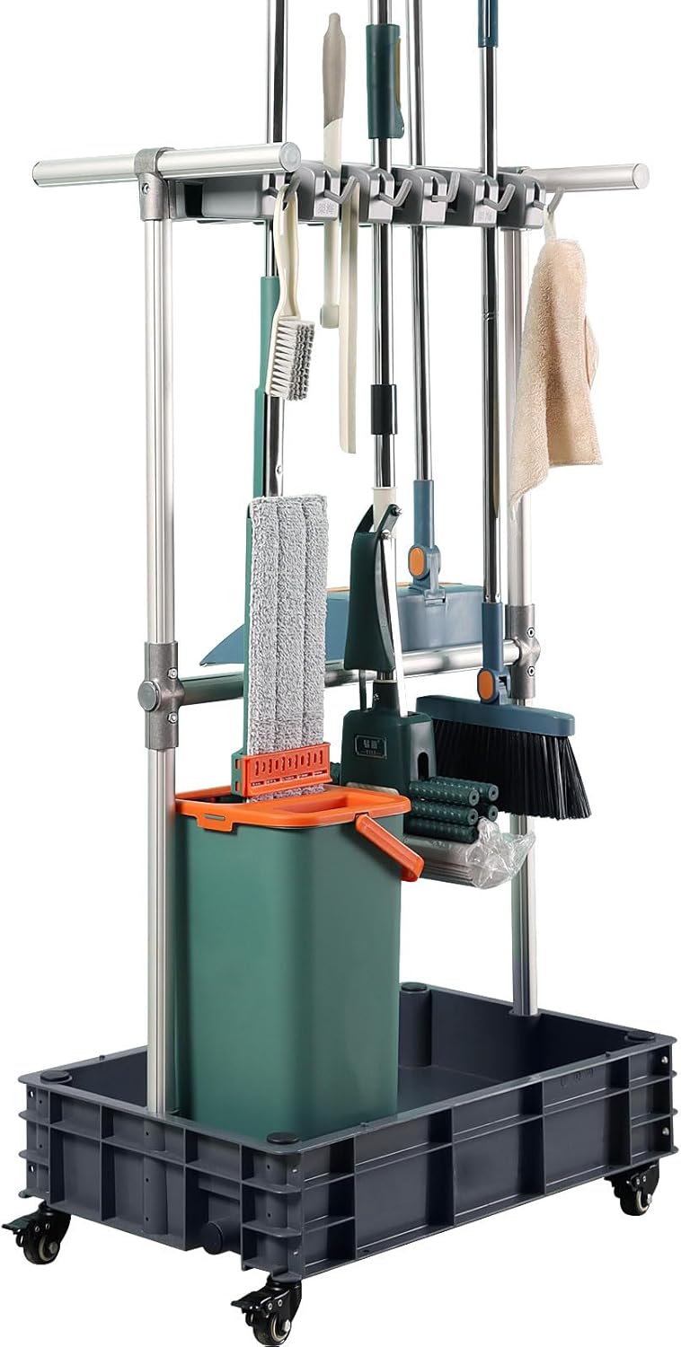 Broom mop Holder Cleaning Supplies Organizer Janitor carts on Wheels Housekeeping Station Storage