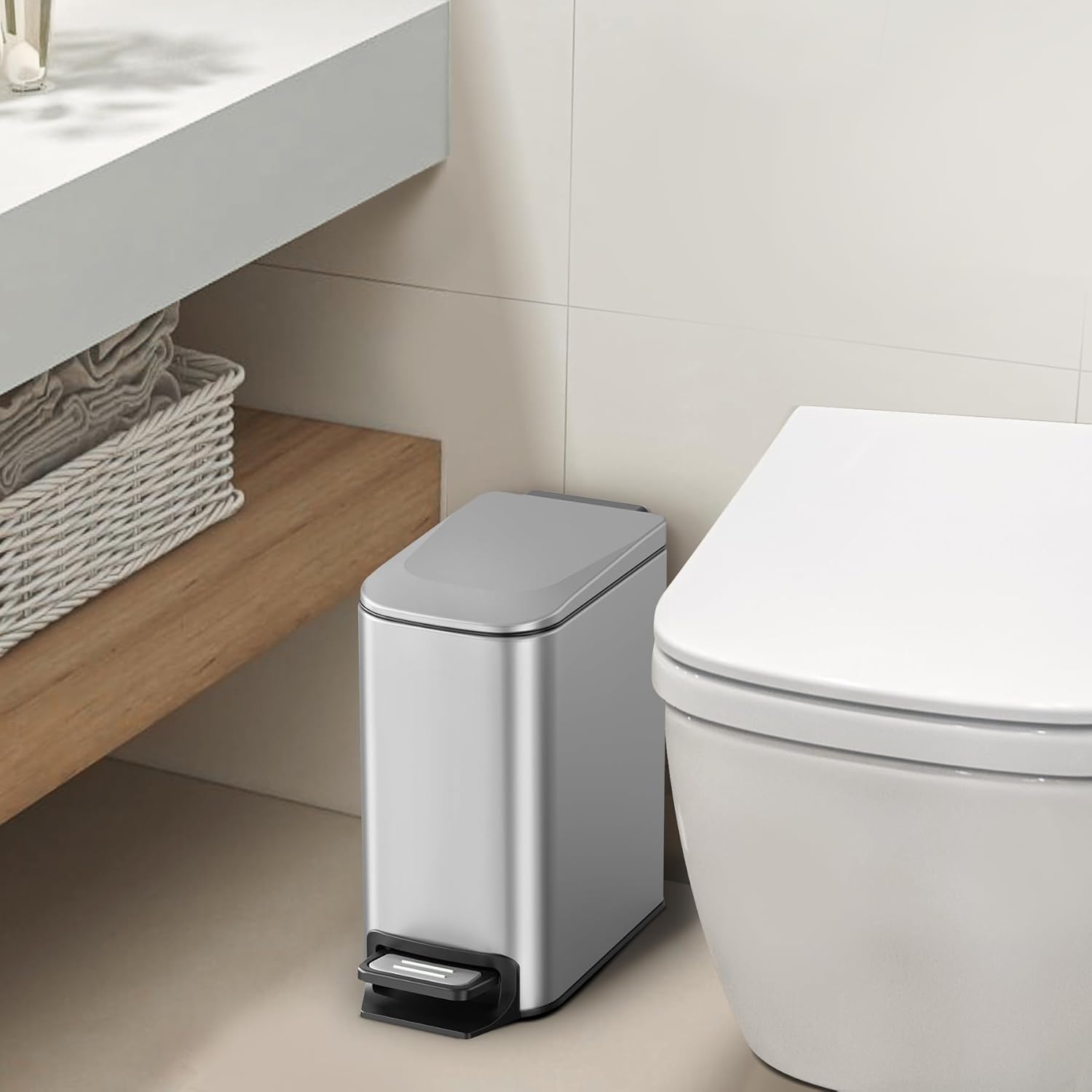 Cesun Small Bathroom Trash Can with Lid Soft Close, Step Pedal, 6 Liter / 1.6 Gallon Stainless