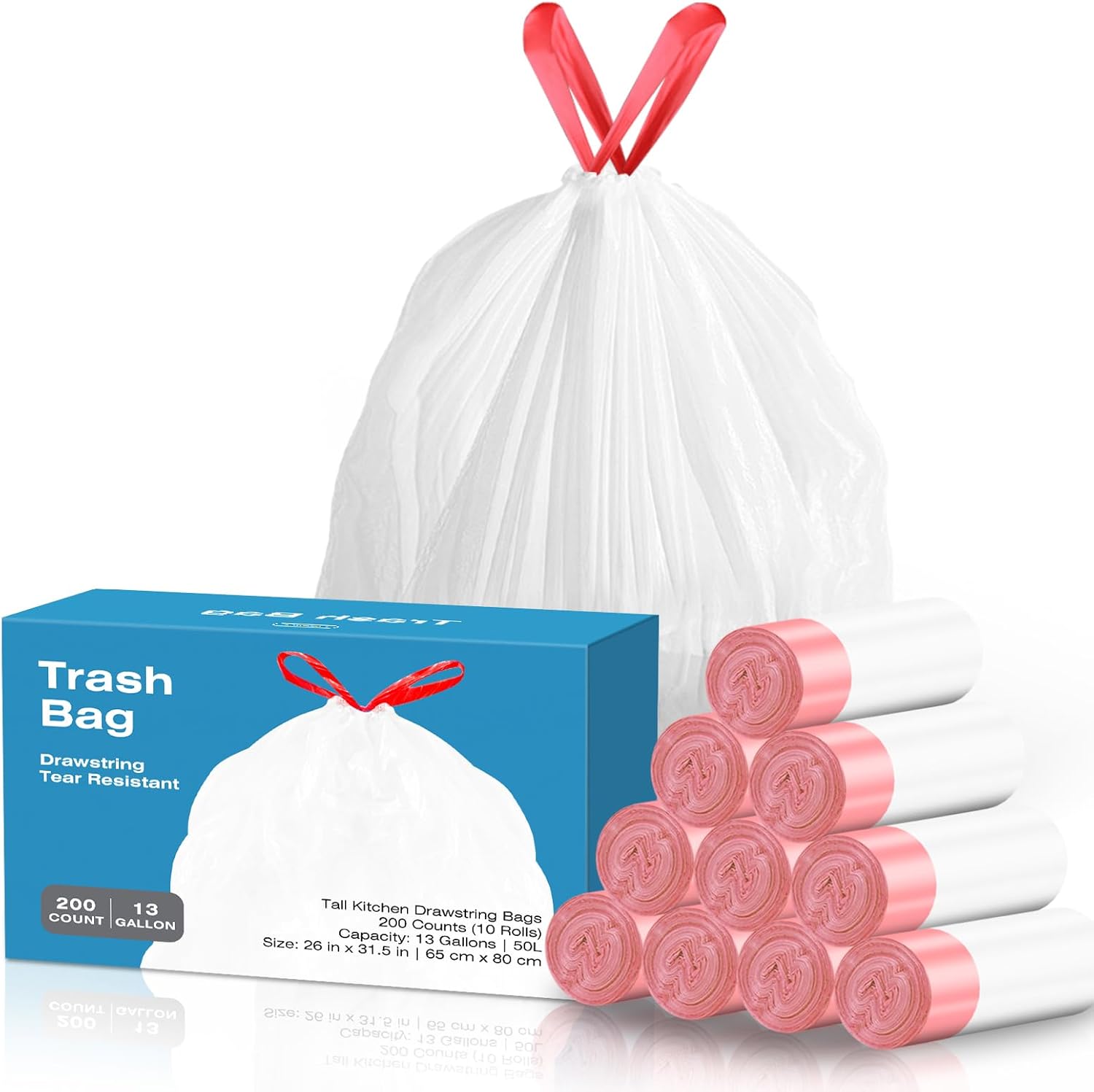 13.2 Gallon Tall Kitchen Drawstring Trash Bags, 200 Count Pre-separated Garbage Bags, Unscented
